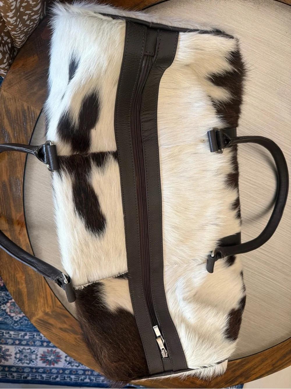 Genuine Cowhide Fur Duffle Bag with Dark Brown Leather Trim